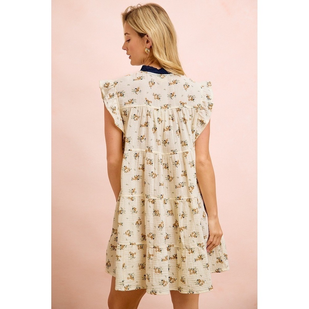 BiBi Floral Multi-tierd Dress With Ruffles And Front Tie - Oatmeal/Navy - Large - Picture 4 of 16